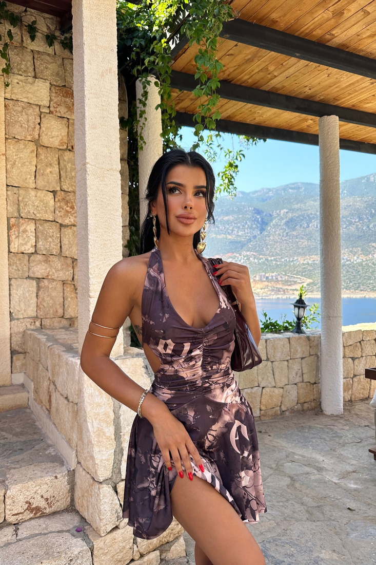 Mürdüm Sırt Detay Mini Elbise ATE7686 - EYYO