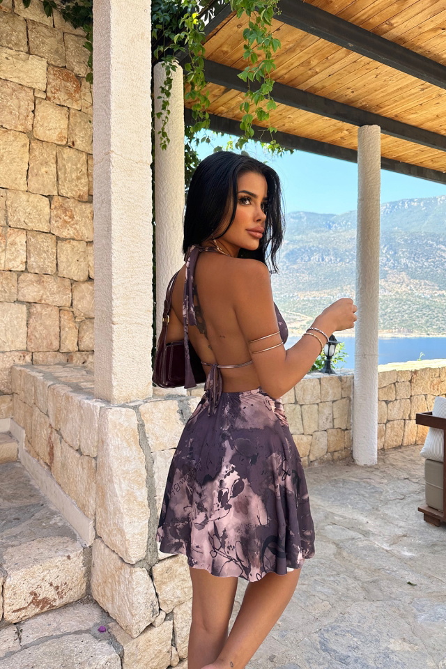 Mürdüm Sırt Detay Mini Elbise ATE7686 - 5