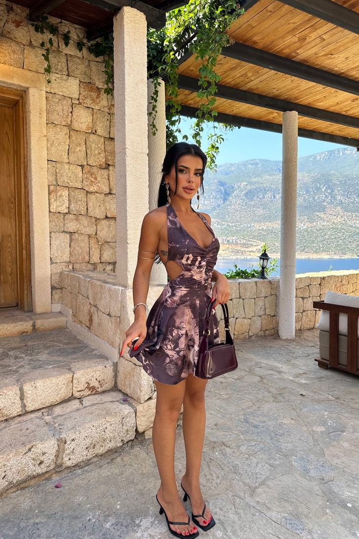 Mürdüm Sırt Detay Mini Elbise ATE7686 - EYYO