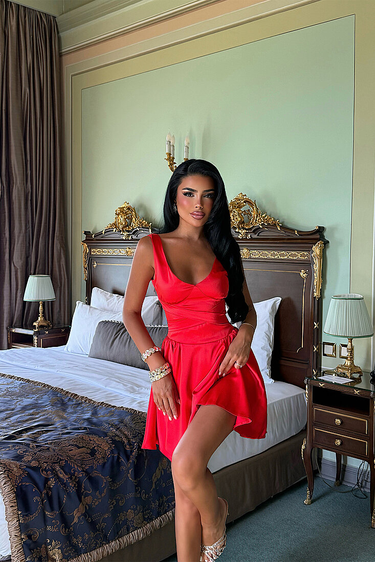 Nar Çiçeği Jarrah Mini Saten Bağlamalı Elbise ATE-3482 - EYYO