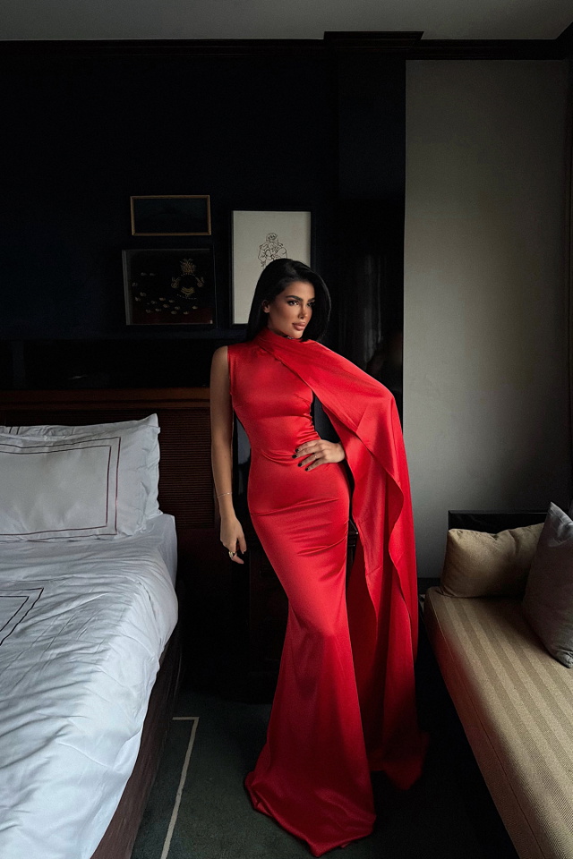 Nar Çiçeği Messcy uzun fularlı elbise ATE-3991 - 1