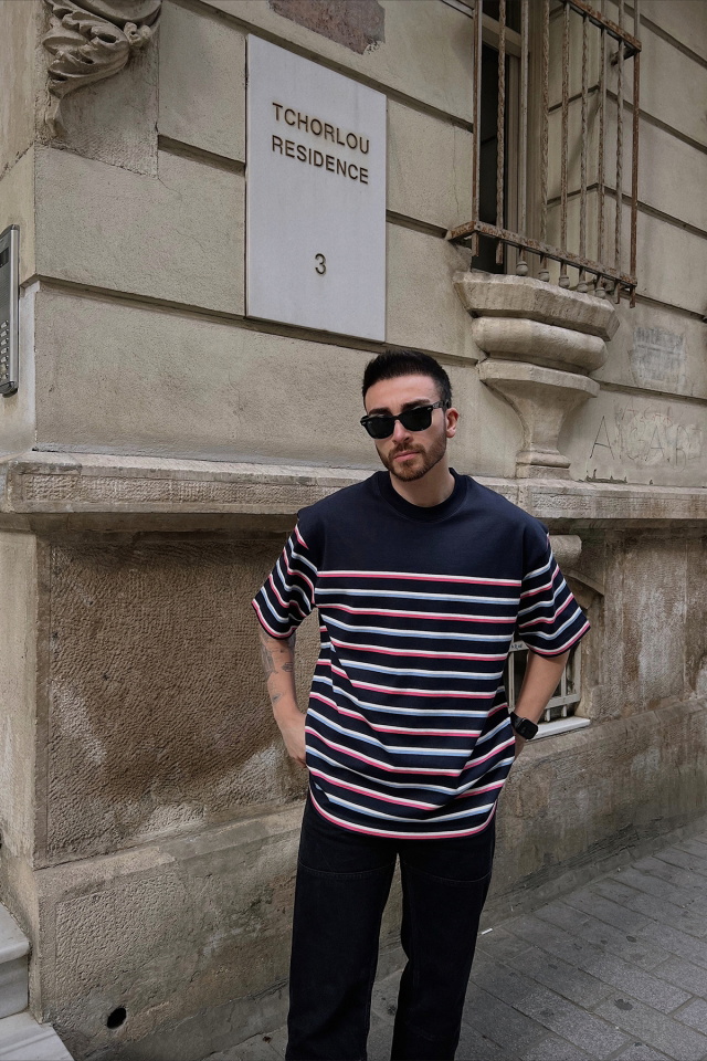 Navy Blue Colorful Oversize Tshirt ATE5265 - 3