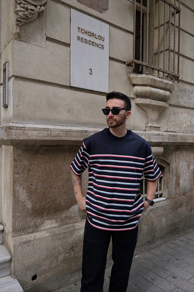Navy Blue Colorful Oversize Tshirt ATE5265 - 1