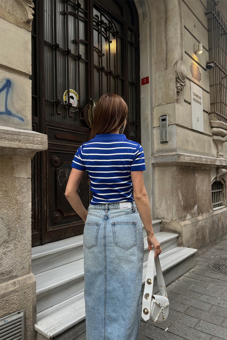 Navy Blue Shirt Collar Crop Top ATE6821 - EYYO
