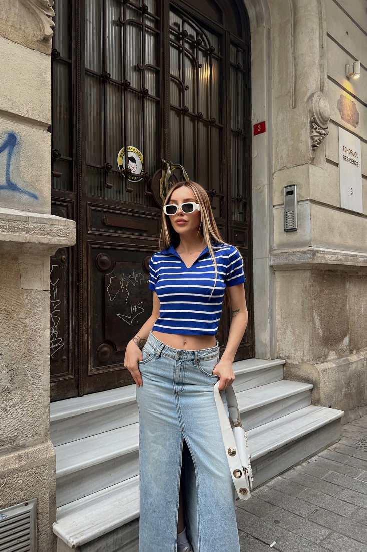 Navy Blue Shirt Collar Crop Top ATE6821 - EYYO