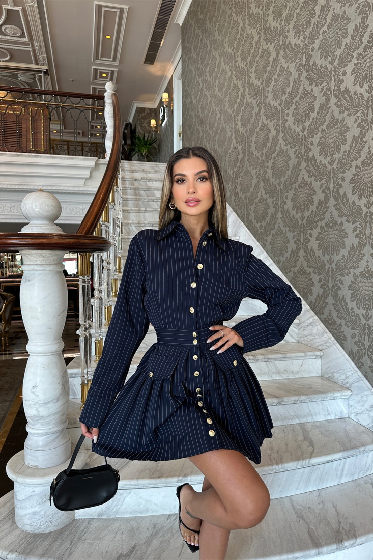 Navy Blue Skirt Collar Mini Dress ATE7125 - EYYO