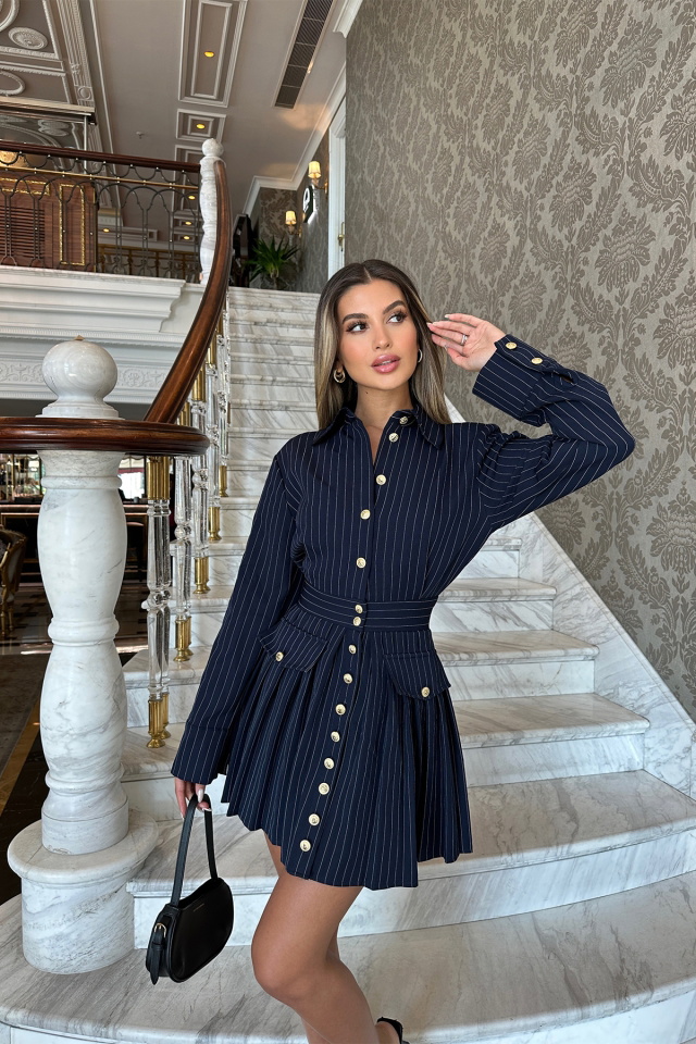 Navy Blue Skirt Collar Mini Dress ATE7125 - 4