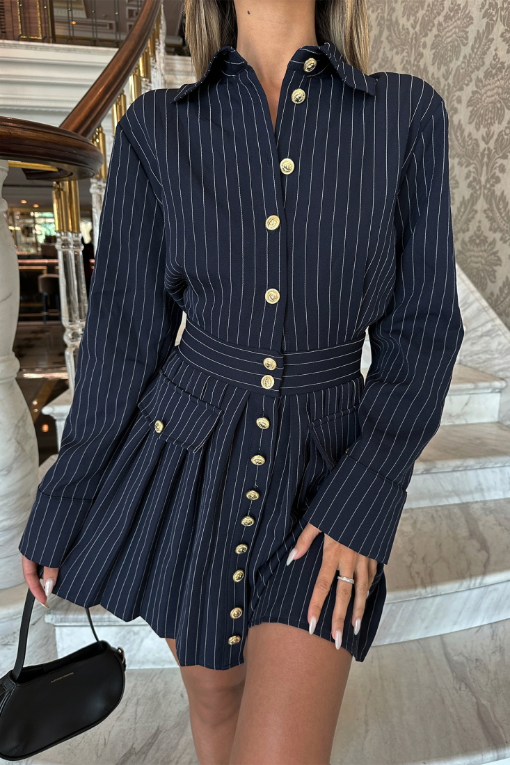 Navy Blue Skirt Collar Mini Dress ATE7125 - EYYO