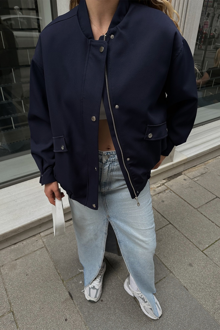 Navy Blue Zipper Detail Jacket ATE6886 - EYYO