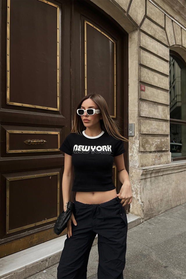 New York Baskılı Crop Top ATE4148