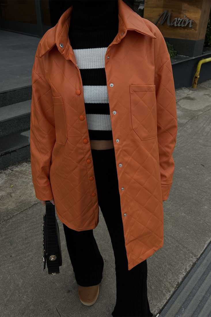 Orange Shirt Collar Leather Coat ATE2671 - EYYO