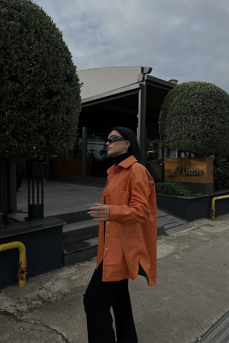 Orange Shirt Collar Leather Coat ATE2671 - EYYO