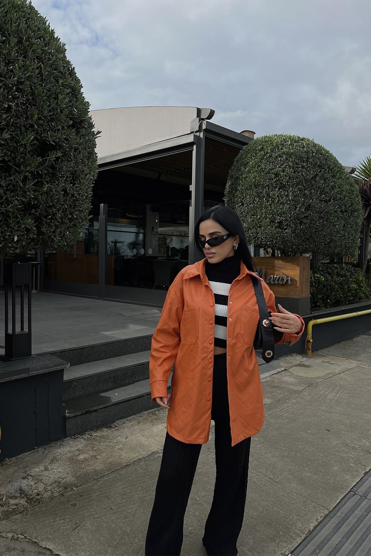 Orange Shirt Collar Leather Coat ATE2671 - EYYO