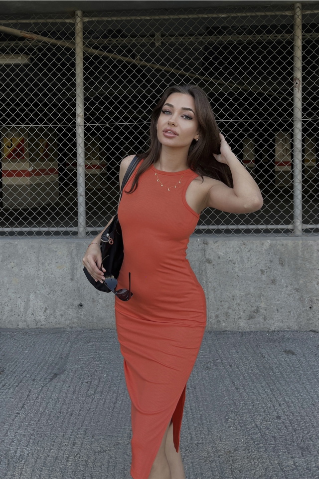 Orange Slit Detail Long Dress ATE4315 - 3