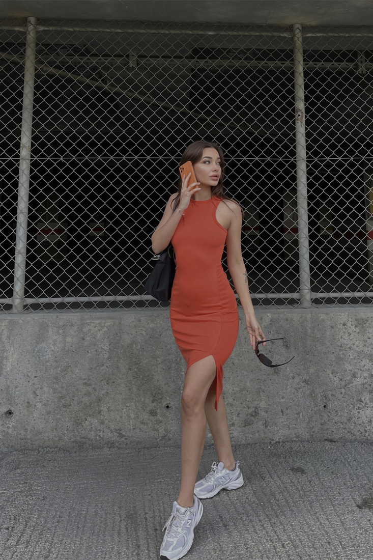 Orange Slit Detail Long Dress ATE4315 - EYYO