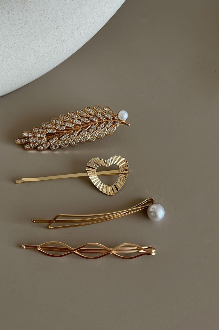 Pearl Heart Leaf Pattern Gold Clip Set AK43 - EYYO
