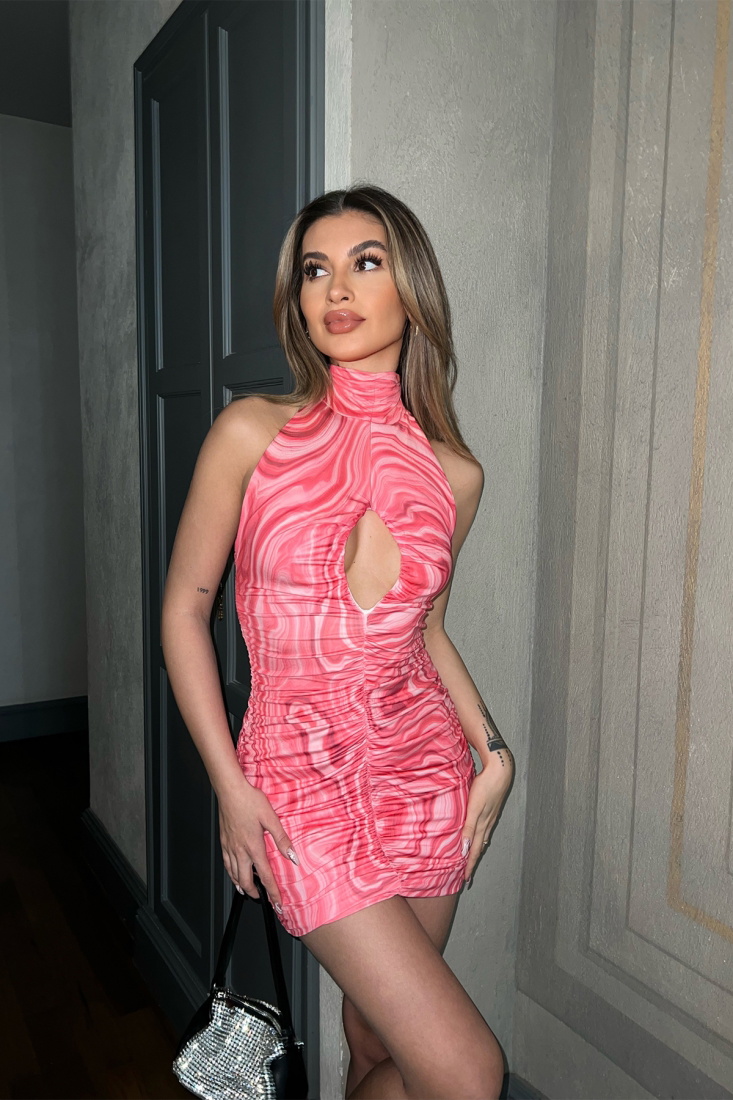 Pembe Akışkan Desen Mini Elbise ATE4247 - EYYO