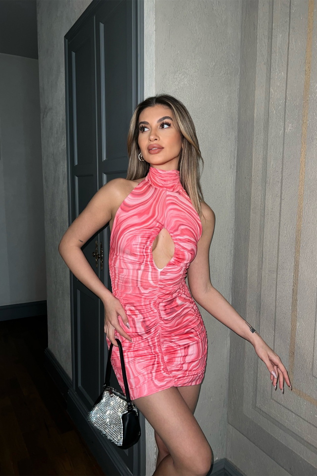 Pembe Akışkan Desen Mini Elbise ATE4247 - 5