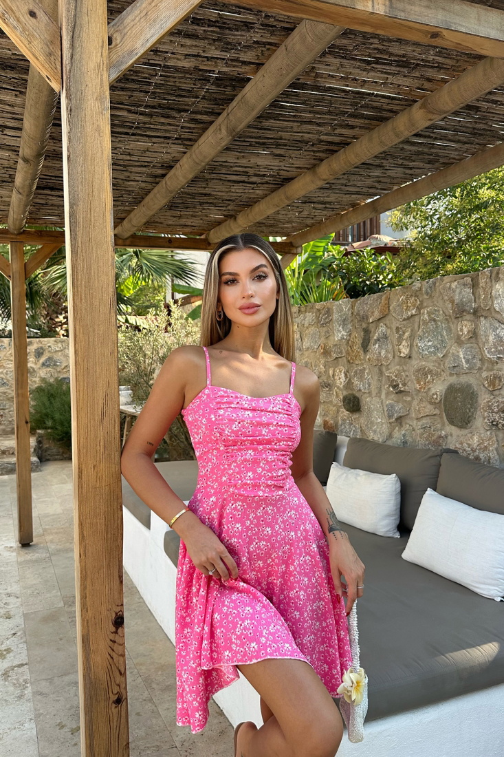 Pembe Askılı Çiçek Desen Mini Elbise ATE8055 - EYYO
