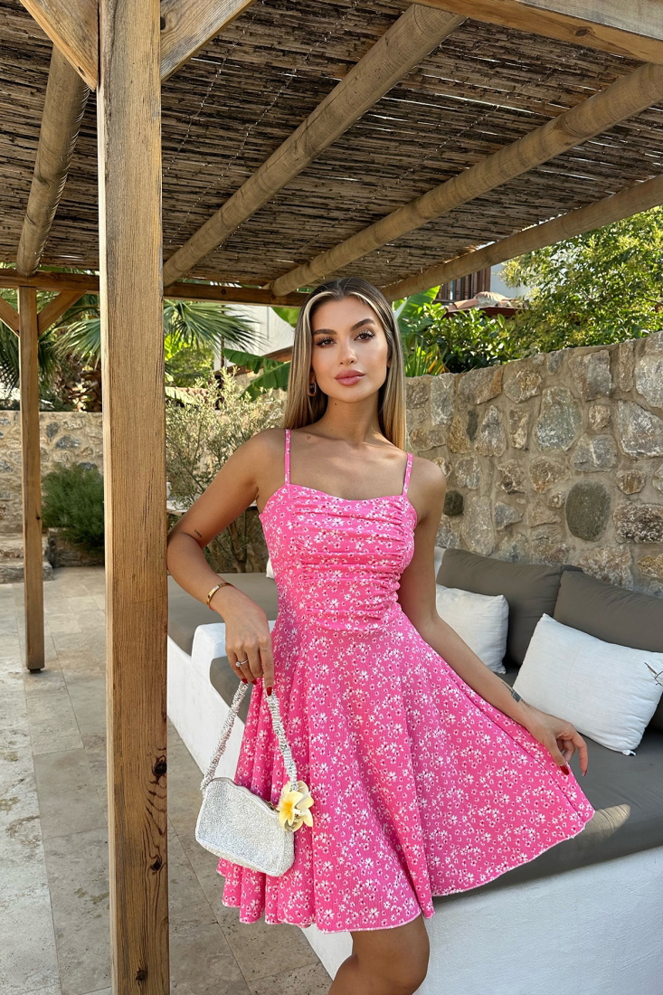 Pembe Askılı Çiçek Desen Mini Elbise ATE8055 - EYYO