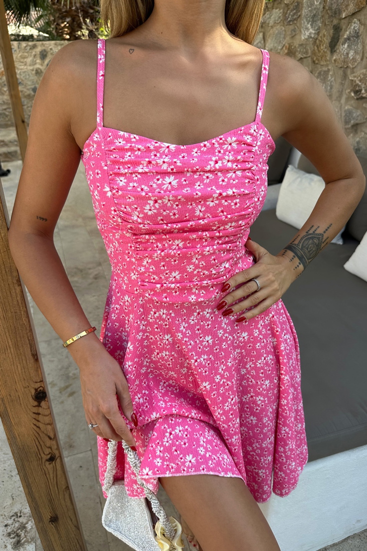 Pembe Askılı Çiçek Desen Mini Elbise ATE8055 - EYYO