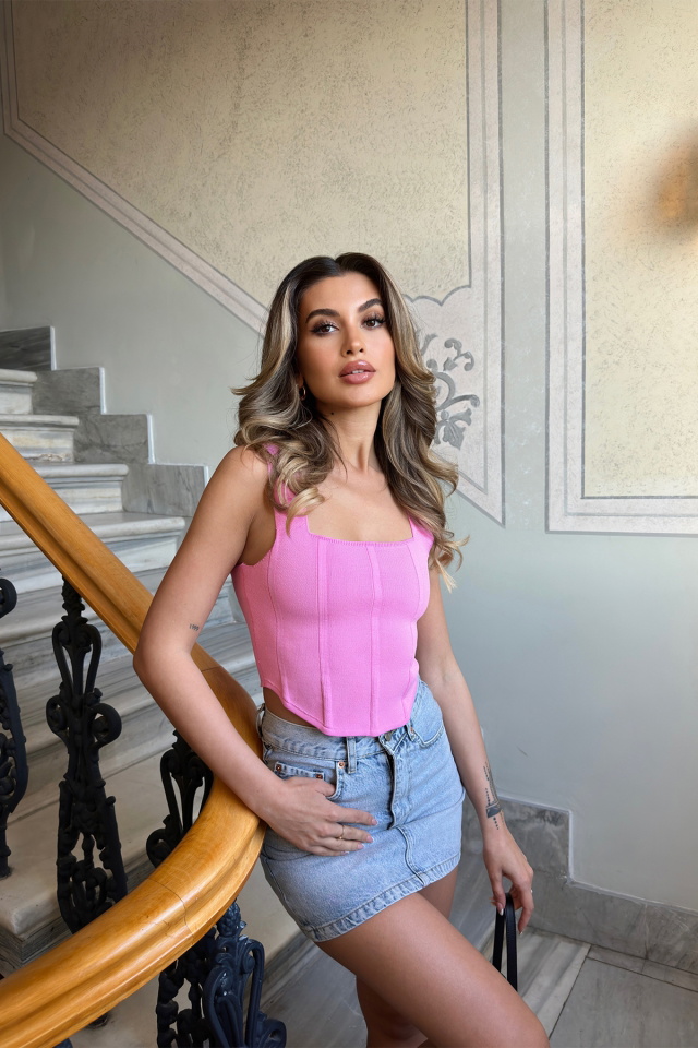 Pembe Askılı Crop Top ATE6297 