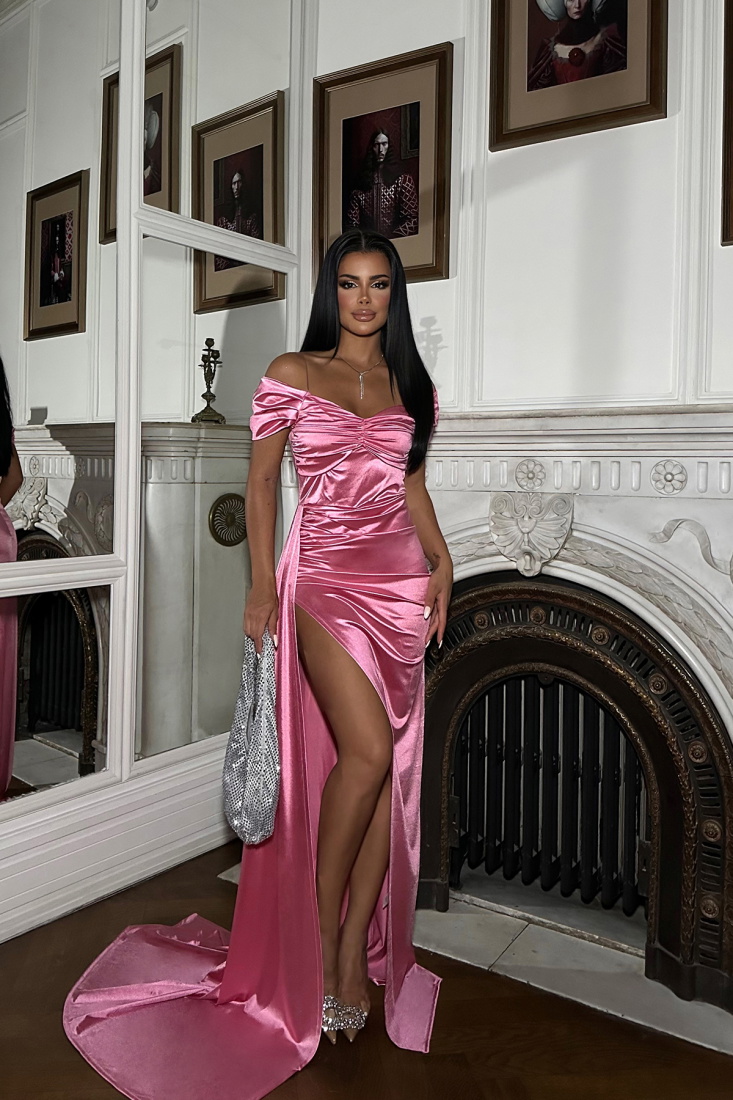 Pembe Askılı Derin Yırtmaçlı Uzun Elbise ATE-0105 - EYYO