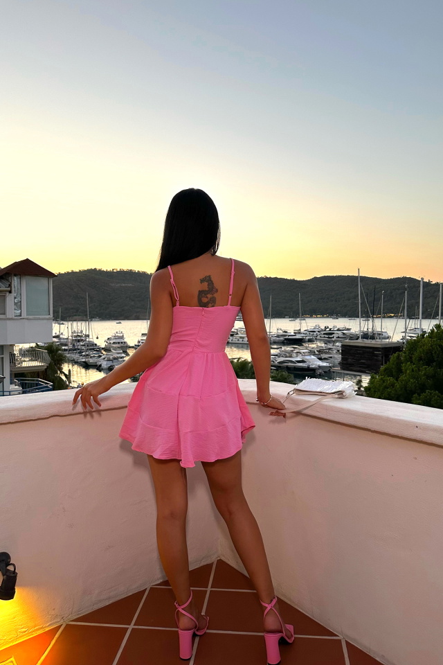 Pembe Askılı Kopça Detay Mini Elbise ATE8467 - 5
