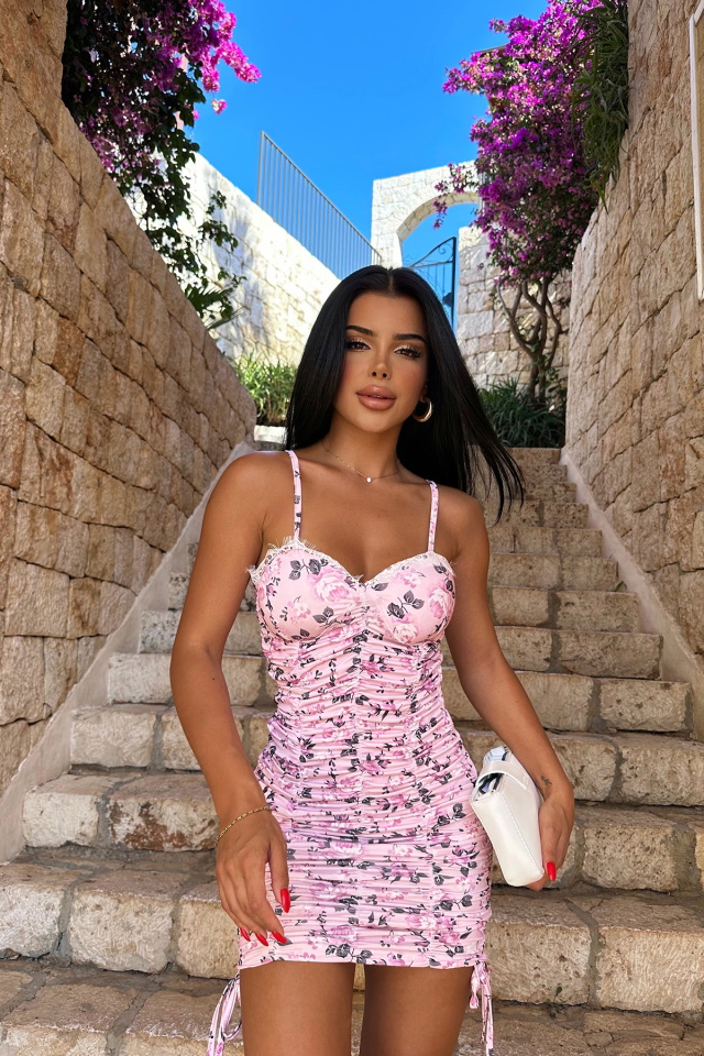 Pembe Askılı Önü Büzgülü Askılı Elbise ATEL2099 - 1