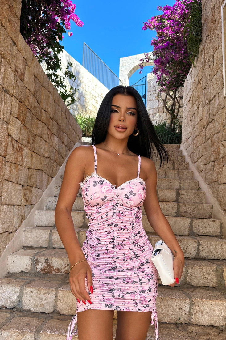 Pembe Askılı Önü Büzgülü Askılı Elbise ATEL2099 - EYYO