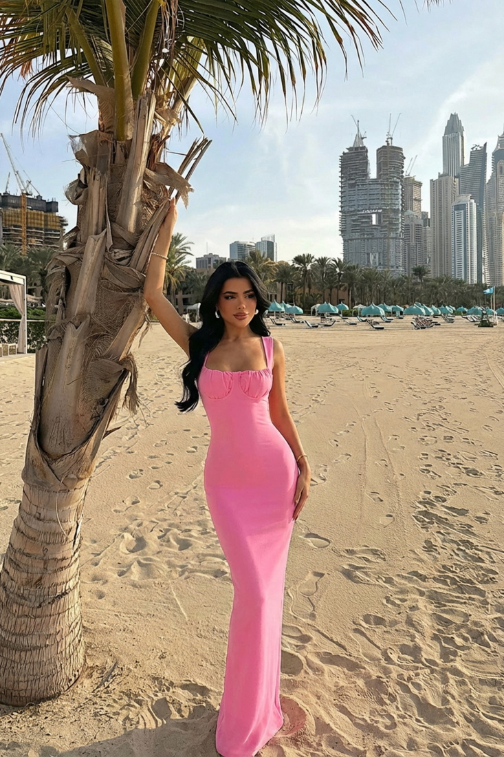 Pembe Shawly Uzun Elbise ATE-3475 - EYYO