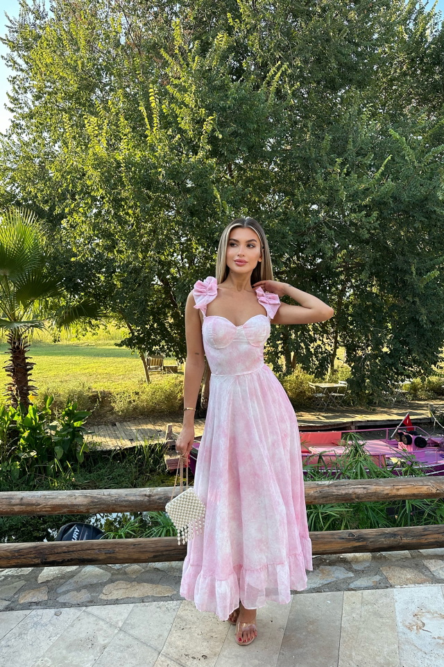 Pembe Askılı Uzun Elbise ATE8044 - 3
