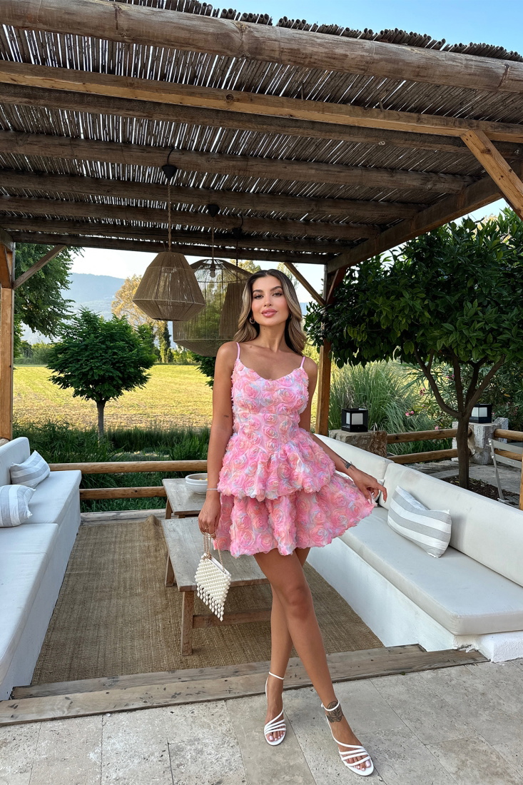 Pembe Asklı Gül Desen Mini Elbise ATE7218 - EYYO