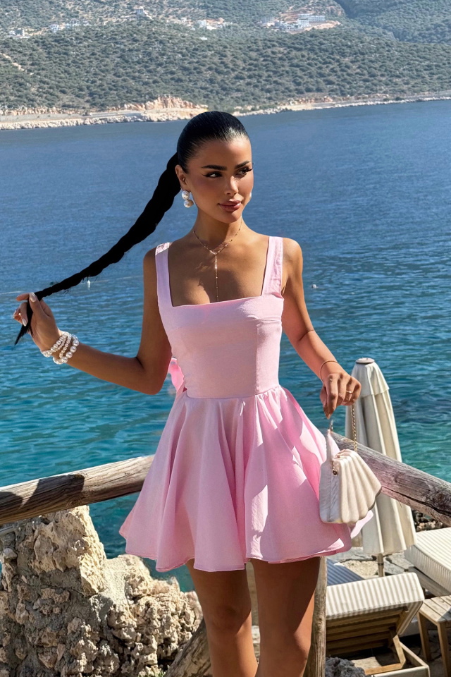 Pembe Nolan Arkası Fiyonk Detaylı Mini Elbise ATE-2947 - 2