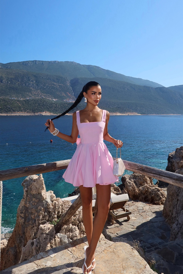 Pembe Nolan Arkası Fiyonk Detaylı Mini Elbise ATE-2947 - 4