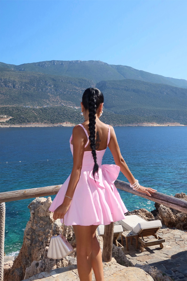 Pembe Nolan Arkası Fiyonk Detaylı Mini Elbise ATE-2947 - 5
