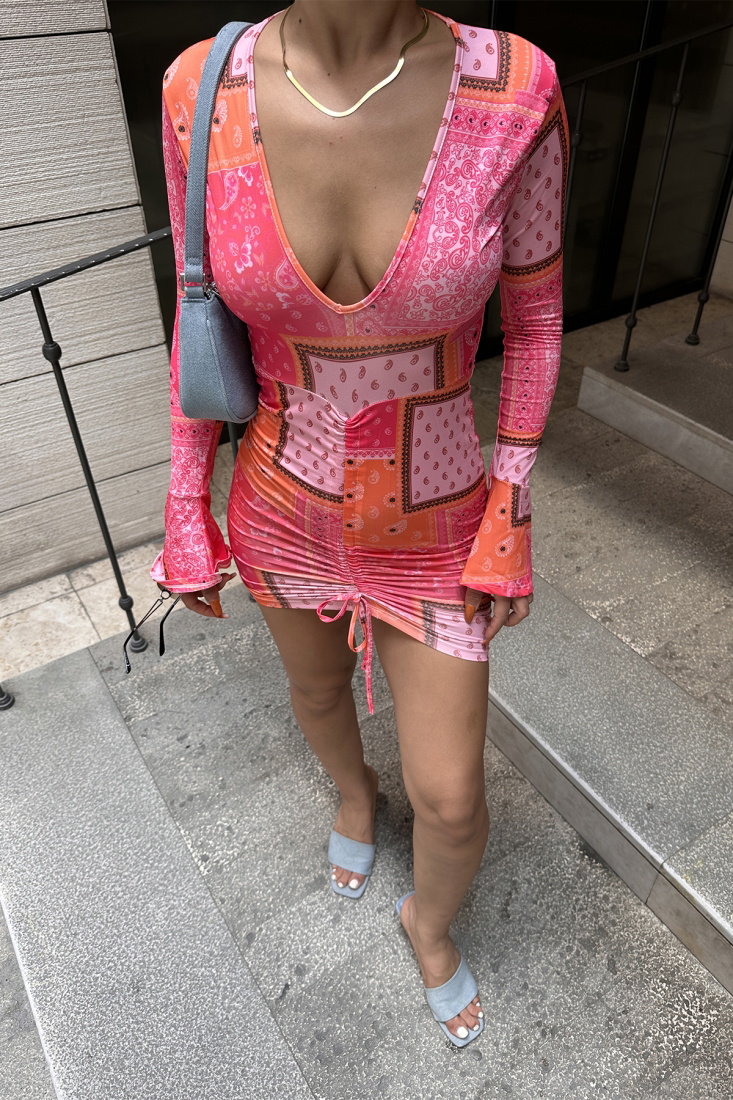 Pembe Bağlamalı Mini Elbise ATE7435 - EYYO