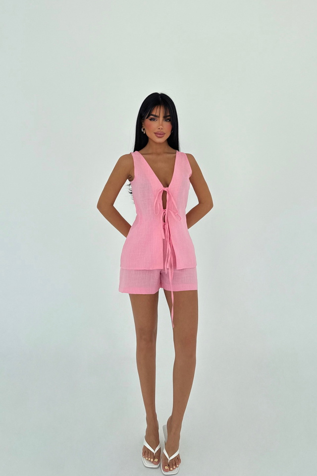 Pembe Luiza Mini Keten Bağlamalı Takım ATE-2965 