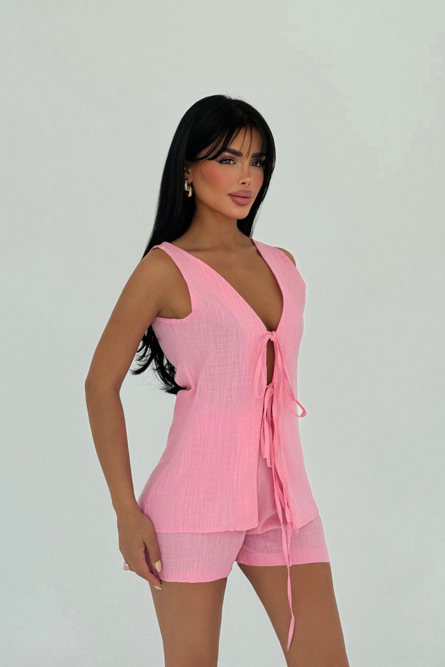 Pembe Luiza Mini Keten Bağlamalı Takım ATE-2965 - 2
