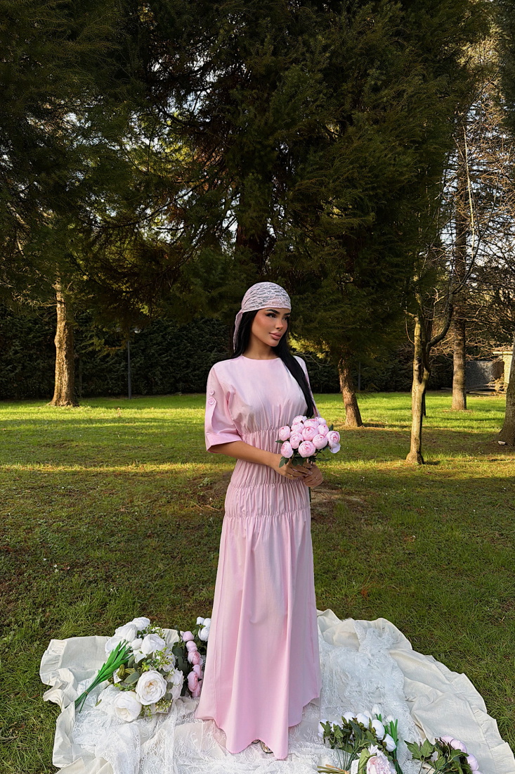 Pembe Volant Uzun Elbise ATE-3422 - EYYO