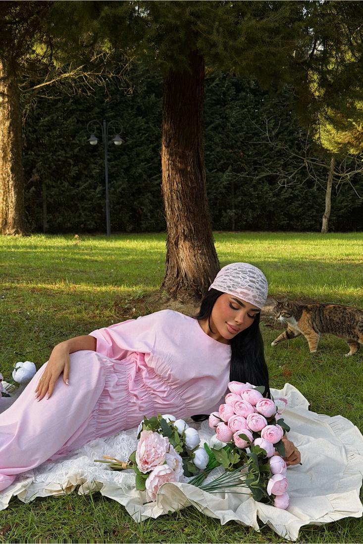 Pembe Volant Uzun Elbise ATE-3422 - EYYO