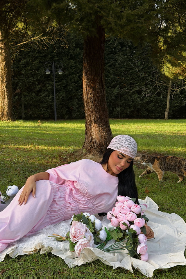 Pembe Volant Uzun Elbise ATE-3422 - 2