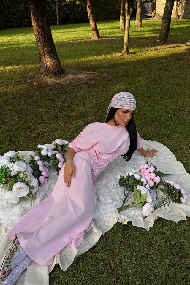 Pembe Volant Uzun Elbise ATE-3422 - 4