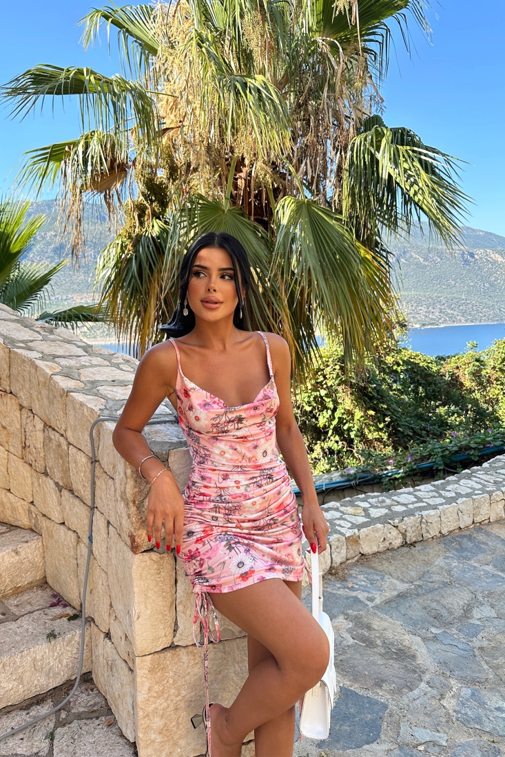 Pembe Büzgü Detay Mini Elbise ATE7670 - EYYO