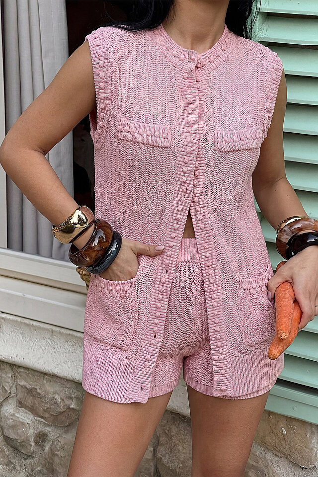 Pembe Alfie Mini Şortlu Triko Takım ATE-3588 - 2