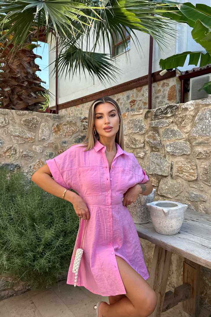 Pembe Cep Detay Önü Düğmeli Elbise ATE8093 - EYYO