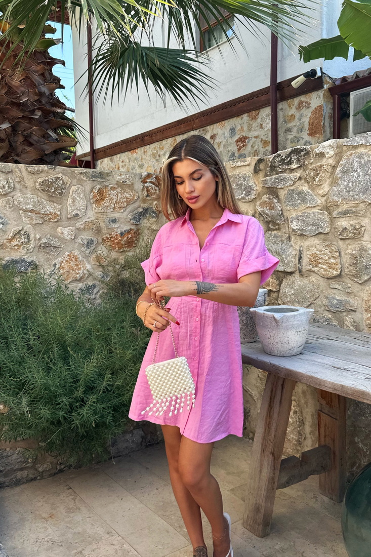 Pembe Cep Detay Önü Düğmeli Elbise ATE8093 - EYYO