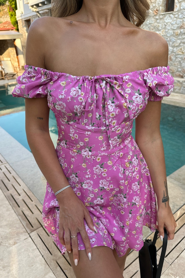 Pembe Çiçek Desen Bağlamalı Elbise ATE7205 - 2