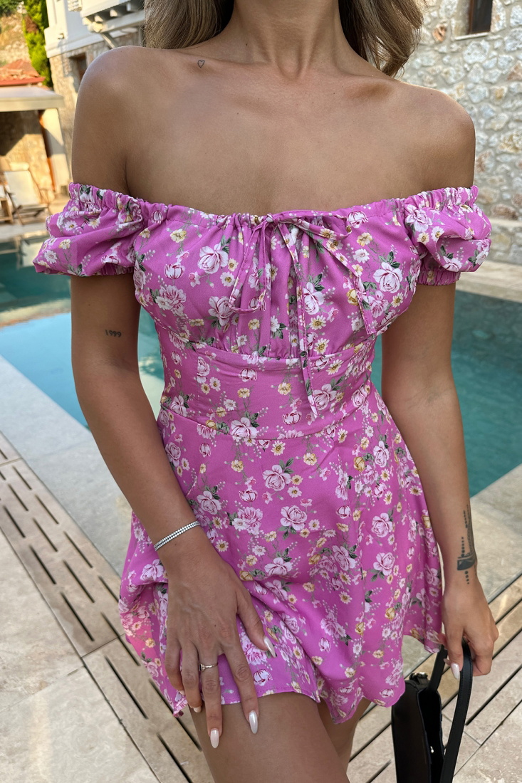 Pembe Çiçek Desen Bağlamalı Elbise ATE7205 - EYYO