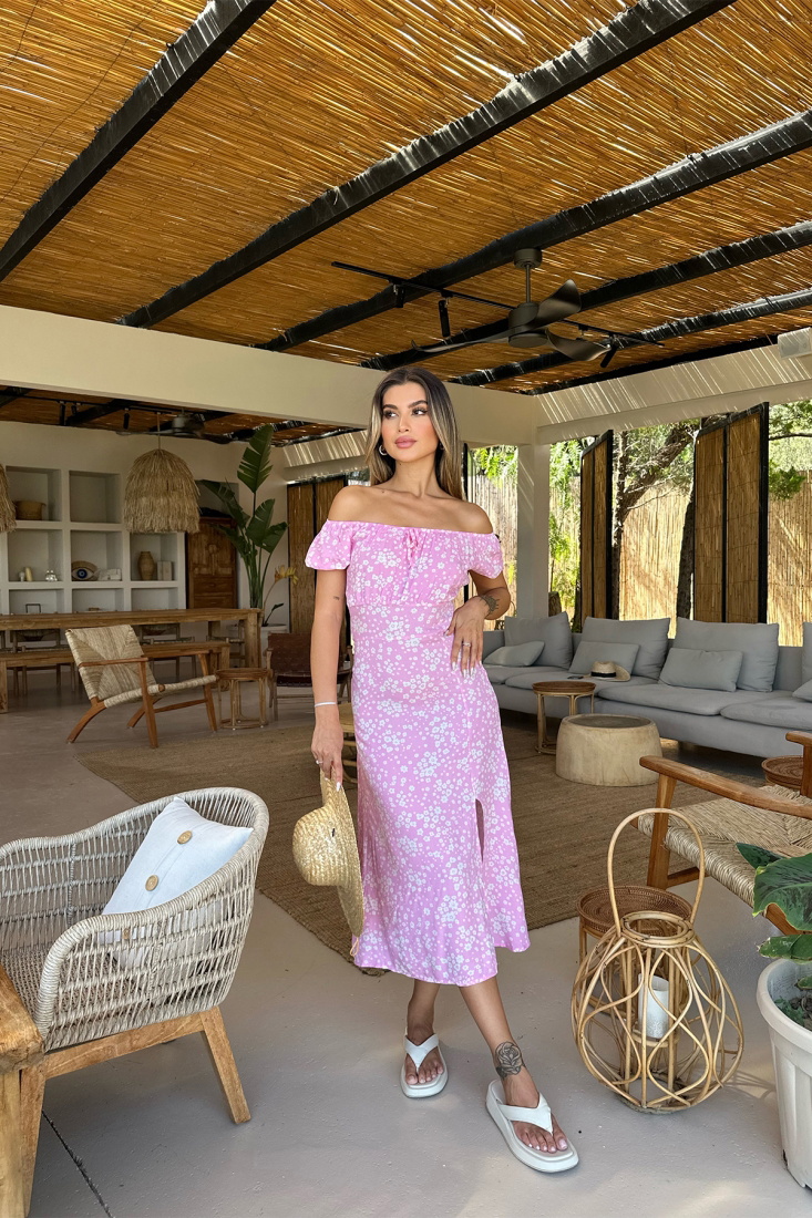 Pembe Çiçek Desen Yırtmaç Detay Elbise ATE7485 - EYYO